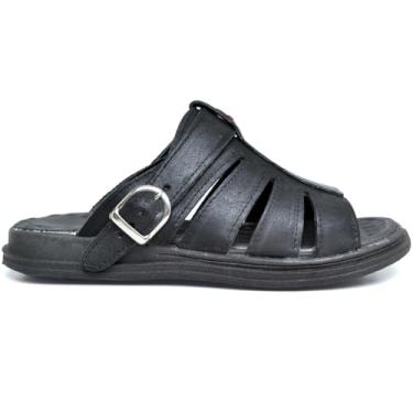 Imagem de Sandália Chinela Masculina de Couro, Preta, com Fivela e Tiras, Sola Antiderrapante (BR, Adulto, Numérico, 40)