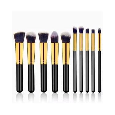 Imagem de Kit de Pincéis de Maquiagem Profissional com Cerdas Sintéticas, 10 Peças com Cabo Ergonômico Dourado, para Base, Pó e Sombras (Preto)