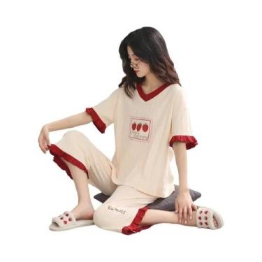 Imagem de Pijamas De Verão Em Algodão Para Mulheres Tamanho Grande, Manga Curta,
