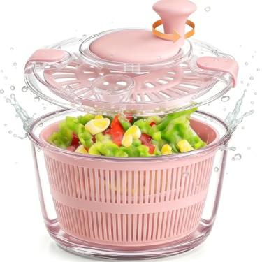 Imagem de LYTYCJD Secador de legumes grande de vidro de 5,2 litros com ralo, seguro para micro-ondas, lavável na lava-louças, com tampa transparente, manivela, rotação rápida, lavadora de verduras para alface