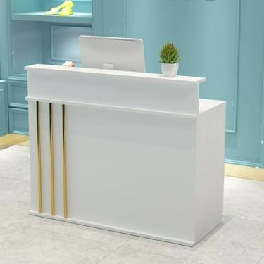 Imagem de Mesa de recepção com gaveta de bloqueio e bandeja de teclado, balcão frontal de madeira para loja de roupas, salão de beleza, saguão - mesa de recepção rosa elegante (60 cm)