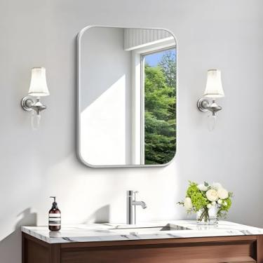 Imagem de CIVENO Espelho de banheiro prateado, espelho retangular de 45 x 61 cm, espelho retangular de metal de alumínio, espelho de parede de canto arredondado para sala de estar quarto entrada horizontal