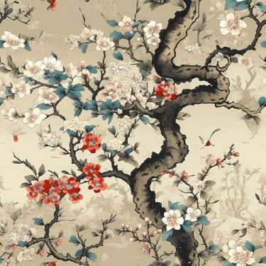 Imagem de VEELIKE Papel de parede floral oriental japonês flor de cerejeira vintage chinoiserie papel de parede descascar e colar 48 cm x 354 cm removível Sakura Tree Wall Mural papel de contato autoadesivo