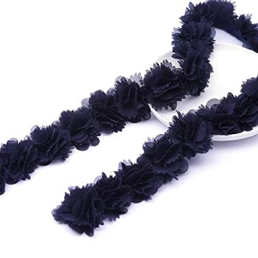 Imagem de Yalulu 5 jardas 3D Cluster Flor Chiffon Lace Trim Ribbon, Chiffon Trim Fabric Applique Trim Bordado Aplique Bordado Costura Artesanato Casamento Vestido de Noiva Decoração (Azul Marinho)
