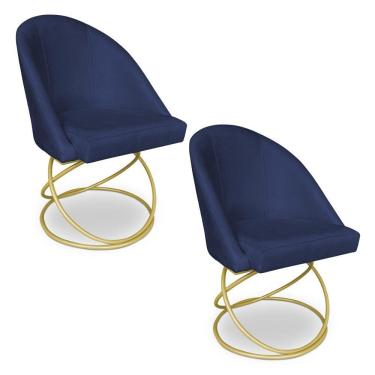Imagem de Kit 02 Cadeiras Poltrona De Jantar Bela Suede Base Metálica Luxo Dourado - Pallazio Cor Azul Marinho