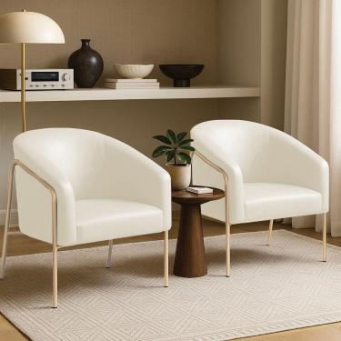 Imagem de Poltrona Sala Decorativa Kit 2 Stella Base Alta Tubo Champanhe Sintético Pu Bege D03 - D'rossi