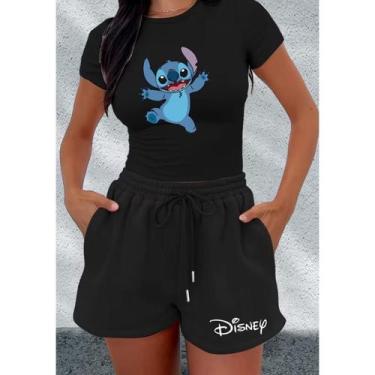 Imagem de Kit Conjunto Feminino Camiseta e Shorts Tac Tel Stitch Desenho Fofo Es