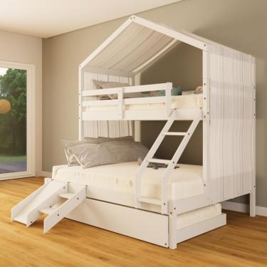 Imagem de Treliche Casal/ Solteiro Casinha Com Cortina E Kit Escada/escorregador Madeira Maciça Branco Megamobilia