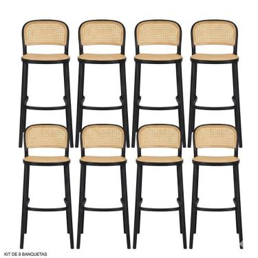 Imagem de Kit com 8 Banquetas Amis Alta em Polipropileno com Encosto Preto/Bege