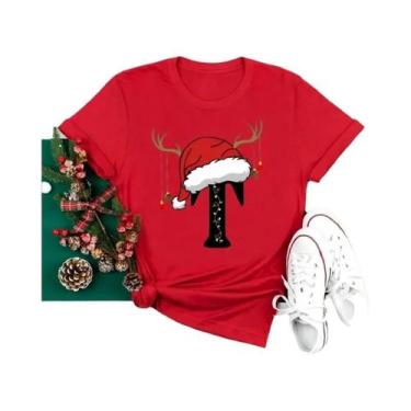 Imagem de Camiseta Feminina Vermelha De Natal Com Alfabeto, Estilo Casual, Manga