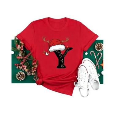 Imagem de Camiseta Feminina Vermelha De Natal Com Alfabeto, Estilo Casual, Manga