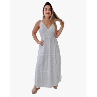 Imagem de Vestido Longo Indiano Alça Branco Bordado c/ Forro Cod.04 - Aleci Fash