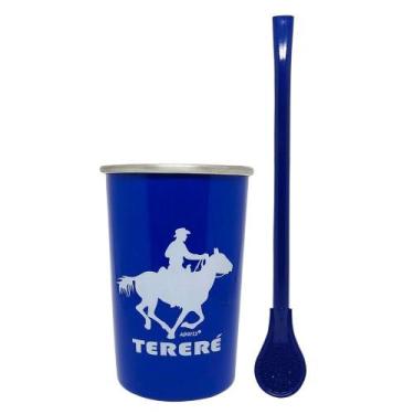 Imagem de Copo Cuia tereré Revestido + Bomba Metal Bojo - Azul - Sem Marca
