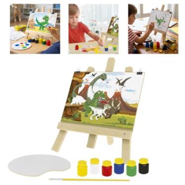 Imagem de Kit pintura cavalete infantil dinossauro madeira quadro tela tintas pi