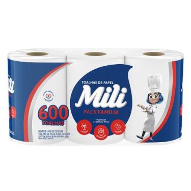 Imagem de Toalhas de Papel Mili 600 Folhas Pack Família com 3 Mega Rolos x 200 T