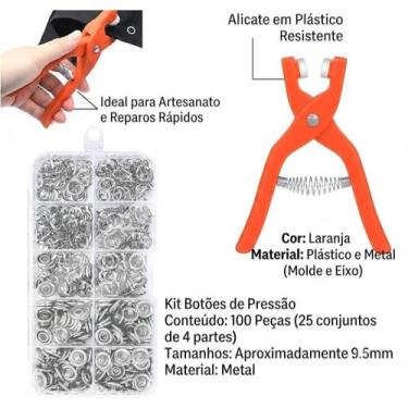 Imagem de Alicate de pressão de plástico mais 100 botões metálicos sortidos com 