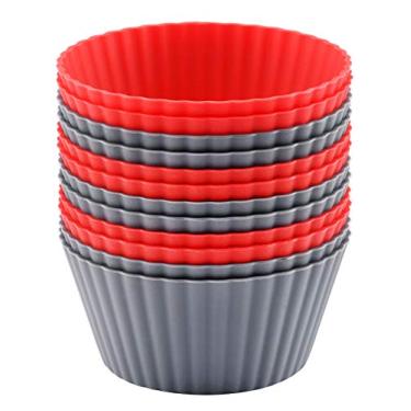 Imagem de Pacote com 12 xícaras de silicone antiaderentes antiaderentes antiaderentes Mirenlife, forros de cupcake e muffin, tamanho grande de 8,9 cm, em recipiente de armazenamento, cores vermelhas e cinza, redondas