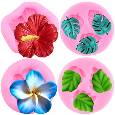 Imagem de Mujiang Moldes de silicone de flor de flor frangipani hibisco flor fondant molde folha de tartaruga molde de silicone para decoração de bolos doces chocolate pasta de goma conjunto de 4