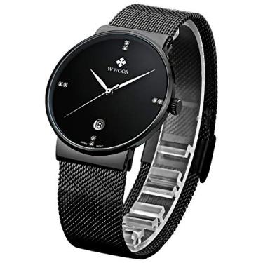 Imagem de Relógio de pulso masculino ultra fino para homens moda à prova d'água vestido pulseira de aço inoxidável..., Preto