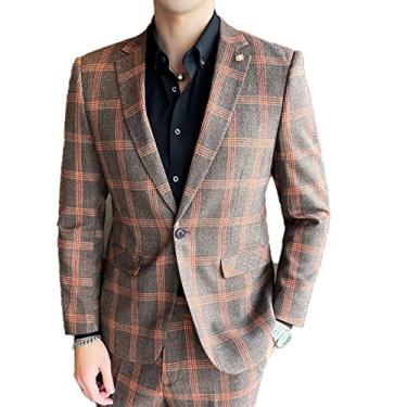 Imagem de Blazer masculino casual para festa de casamento cavalheiro xadrez slim terno jaqueta primavera casaco elegante um botão formal roupa de negócios, amarelo, 3GG (busto: 108 cm)