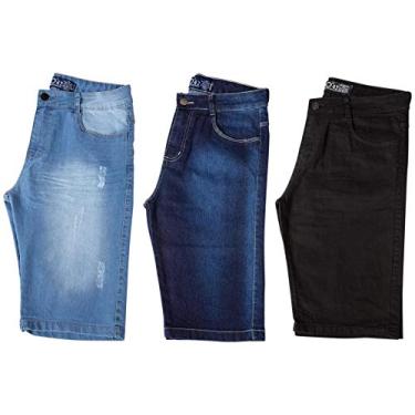 Imagem de Kit com 3 Bermudas Masculinas Sarja Jeans Short Slim Lycra Brim - Preta, Jeans Claro e Jeans Escuro - 38