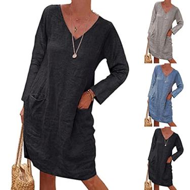 Imagem de SLENDIPLUS Vestido camisa feminino de algodão e linho, cor lisa, gola V, manga comprida, solto, vestido midi com bolsos, Preto, XXG