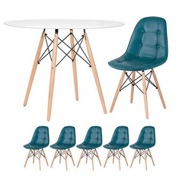 Imagem de Loft7, Kit - Mesa Eames 100 cm branco + 5 cadeiras estofadas Eiffel Botonê turquesa