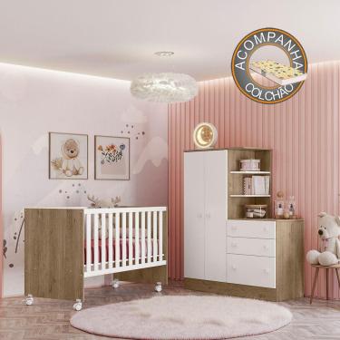 Imagem de Quarto de Bebê Doce Sonho com Roupeiro e Berço Carvalho Branco Qmovi + Colchão Gazin