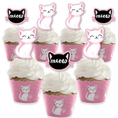Imagem de Gato gatinho roxo com pontos grandes de felicidade - decoração de cupcake - Gatinho miau chá de bebê ou festa de aniversário, cupcake e kit de palitos de petiscos - Conjunto com 24