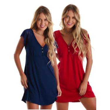 Imagem de Kit com 2 Camisolas em Viscose com Detalhes Renda Estilo Camiseta Noite Dormir Amamentação Maternidade Feminina (G, Azul Marinho/Vermelho)