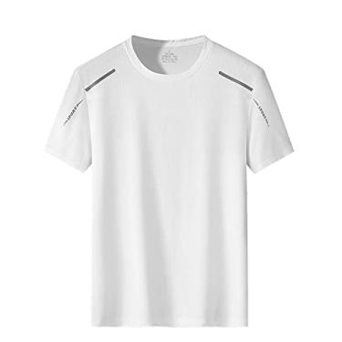 Imagem de Camiseta listrada verão respirável secagem rápida cor sólida esportes casual gola redonda masculina gelo seda manga curta masculina grande, Branco, XG