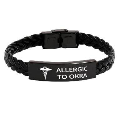 Imagem de DOMYUHAO Pulseira de couro trançado com símbolo médico de conscientização de quiabo e alergia médica, alerta de vida de emergência, identidade, aço inoxidável, pulseira ajustável para homens e