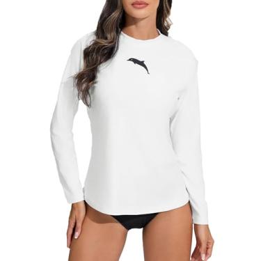 Imagem de Halcurt Camiseta feminina de manga comprida Rash Guard Top UPF50+ com proteção solar UV, roupa de banho de secagem rápida, Branco, G