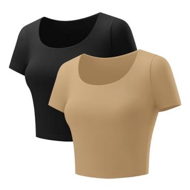 Imagem de LOMON Camiseta feminina manga curta gola redonda sexy Y2k tops bonitos slim fit 2024 roupas de moda de verão, Preto e marrom, G