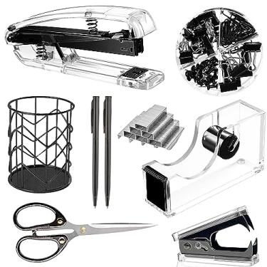 Imagem de Acessórios de mesa de escritório, conjunto de grampeador de acrílico, removedor de grampeadores, suporte de fita, suporte de caneta, 2 canetas esferográficas, tesouras, clipes de fichário, clipes de