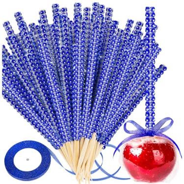 Imagem de Palitos brilhantes para maçãs doces, 26 peças de espetos pontiagudos de madeira de maçã caramelo com 26 peças de saco de vidro e laço de fitas de glitter de 22 jardas, palitos de bambu de cristal azul
