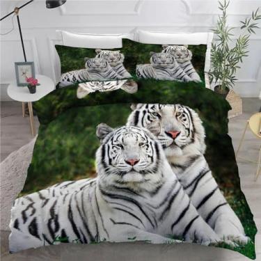 Imagem de Jogo de cama King tigre branco com estampa de animal feroz, conjunto de 3 peças para decoração de quarto, capa de edredom de microfibra macia 264 x 232 cm e 2 fronhas, com fecho de zíper e laços