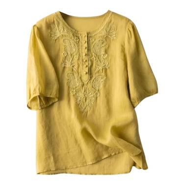 Imagem de Camisetas casuais de linho de algodão femininas de manga curta e gola redonda blusas lisas grandes blusas bordadas, Amarelo, XXG