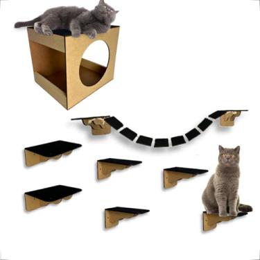 Imagem de Playground De Parede Para Gatos 8 Pçs em Mdf e Carpete Antiderrapante e Ponte Suspensa