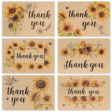 Imagem de AnyDesign Pacote com 36 cartões de agradecimento de girassol kraft sortidos a granel primavera verão flor cartões de notas em branco com adesivos de envelope floral cartões de agradecimento para