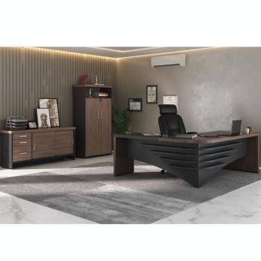 Imagem de Kit 3 Peças com Mesa Diretor em L de Tamburato, Balcão com Gavetas e Prateleiras e Armário Multiuso Charuto/Preto