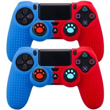 Imagem de YoRHa Capa de silicone para controle PS4 x 2 (vermelho + azul) com 4 punhos exclusivos para polegar
