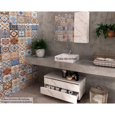 Imagem de Conjunto de Banheiro Balcão c/ Rodizios BN3603 s/ Cuba 80cm e Armário c/ Espelho BN3602 cor Mármore Branco - Tecno Mobili