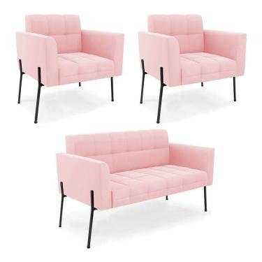 Imagem de Sofá Namoradeira E 2 Poltronas Pé De Ferro Preto Elisa Suede Rosa Bebê D03 - D`rossi