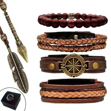 Imagem de Pulseiras Masculinas Kit C/04 BÚSSOLA MARROM + 2 Colares Top de Linha 