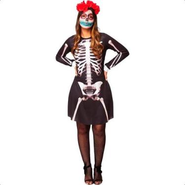 Imagem de Fantasia Halloween Feminina Caveira Mexicana Manga Longa com Ossos P 3