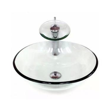 Imagem de Cuba Vidro Redonda 35Cm Incolor + Válvula + Torneira Cascata - Cubas E