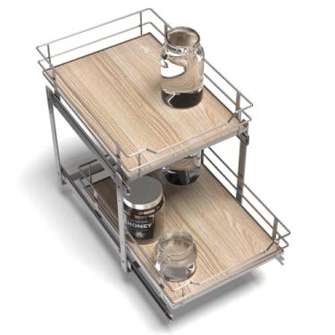 Imagem de Home Zone Living Organizador de armário de cozinha com duas camadas de armazenamento, 38 cm L x 50 cm P, níquel acetinado com acabamento em madeira marrom claro, coleção Virtuoso