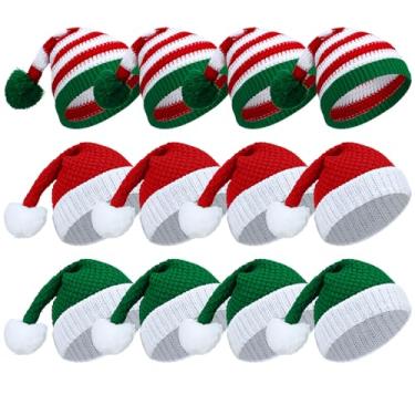 Imagem de ramede 12 peças de chapéu de Natal tricotado de Papai Noel, chapéus de elfo, chapéus de Natal de Natal, gorro de caveira adulto, para mulheres, homens, fantasia de esqui, Vermelho, verde, branco.,