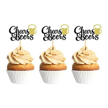 Imagem de Ercadio Pacote com 24 topos de cupcake Cheers and Beers com glitter caneca de cerveja palhetas de cupcake chá de bebê aniversário cervejas festival temático festa bolo decorações suprimentos preto